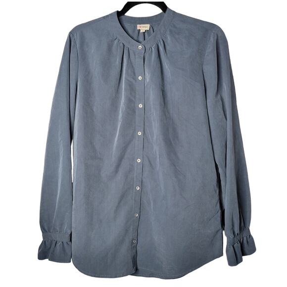Cremieux Blue Gray Long Sleeve Button Up Woven Rayon Ruffle Cuff Blouse M - Picture 2 of 7